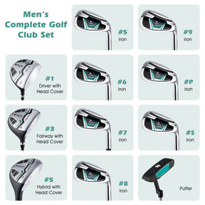 11 Pieces Portable Men’s Complete Golf Club Package Set with Non-Slip TPR Handle and Golf Stand Bag