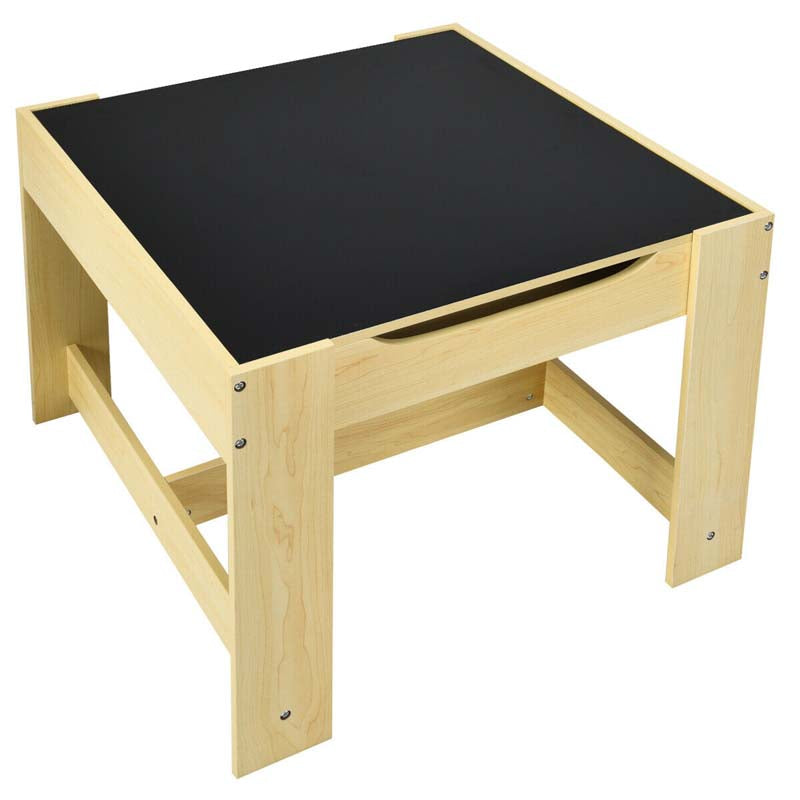 Kids Table & Chairs Set, 3-in-1 Wooden Toddler Activity Table with Storage, Reversible Tabletop & Blackboard for Art Craft, Drawing, Playroom