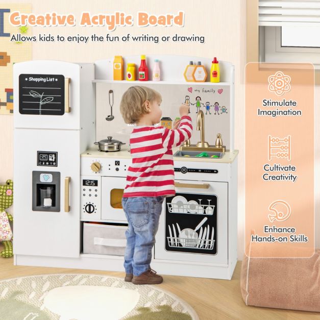 Kids Pretend Play Kitchen Set with Fabric Drawer and Doodle Boards