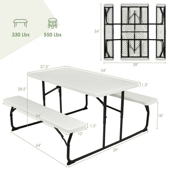 Outdoor Camping Picnic Table Bench Set Dining Set with Metal Base