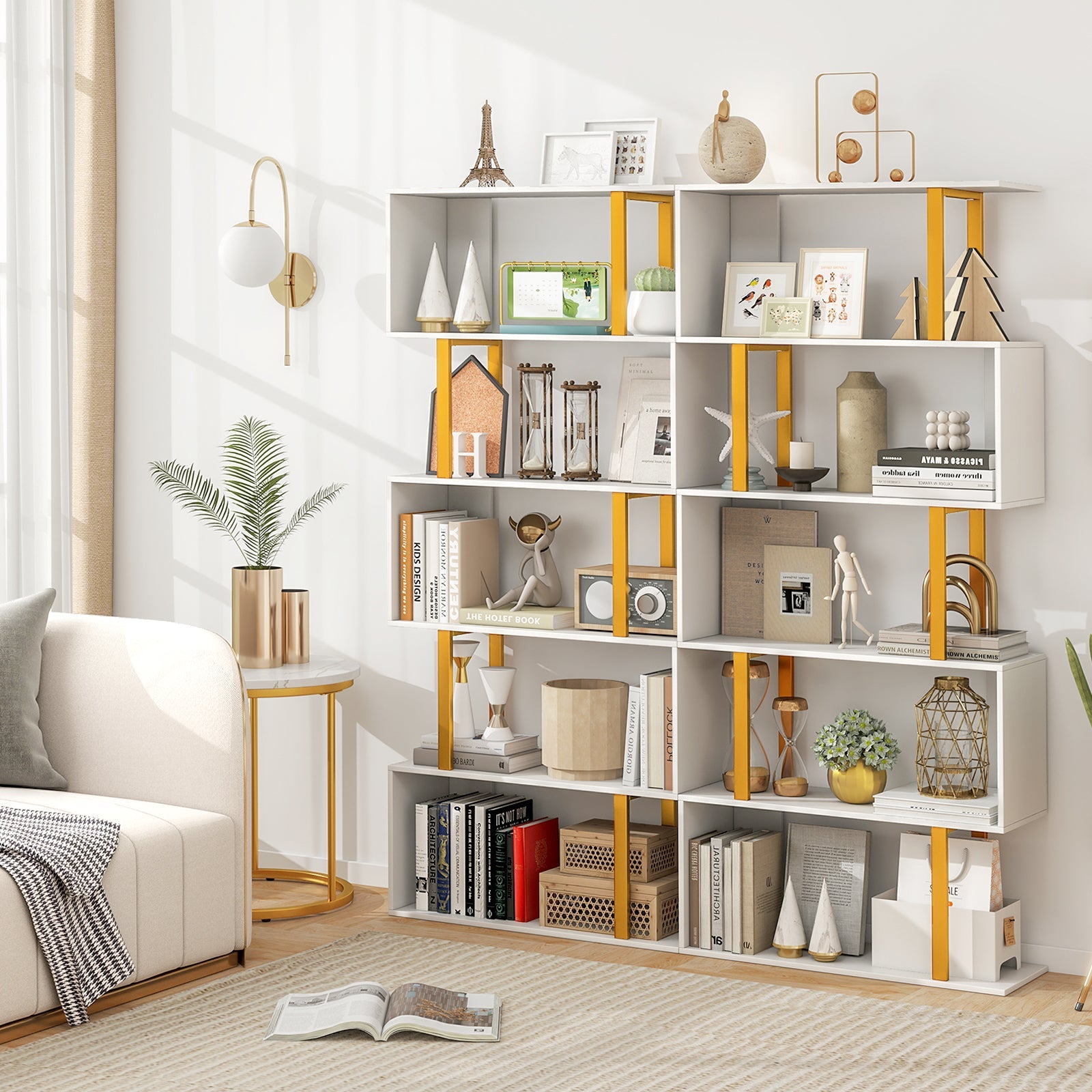 5/6-Tier Geometric Bookcase Decorative S-Shaped Storage Bookshelf w/ Metal Frame