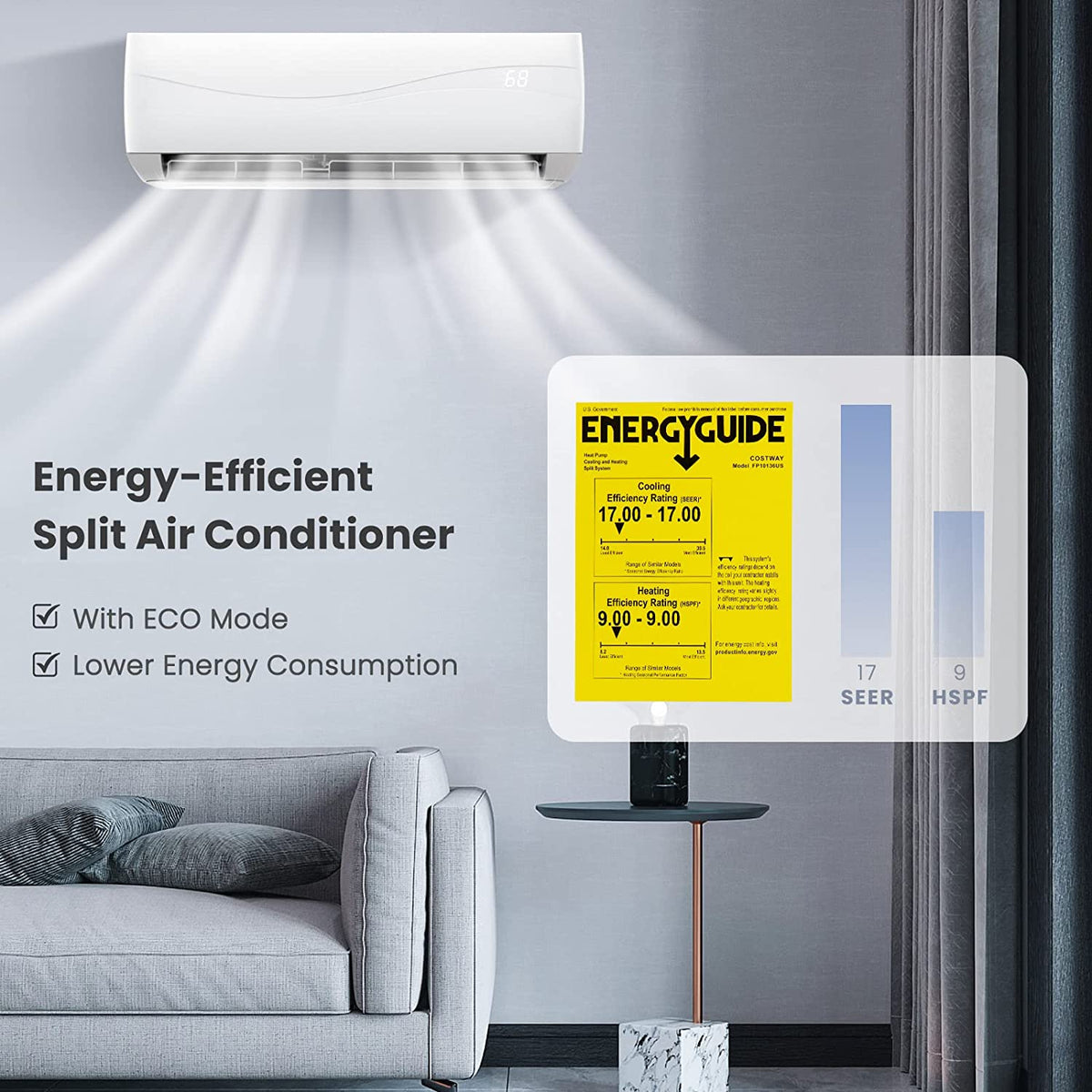 12000BTU Mini Split Air Conditioner and Heater 17 SEER 208-230V Wall-Mounted Ductless AC Unit with Heat Pump and Installation Kit