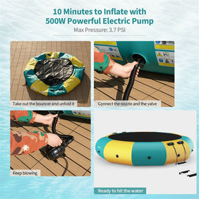 12 FT Inflatable Water Trampoline Recreational Water Bouncer with Electric Inflator