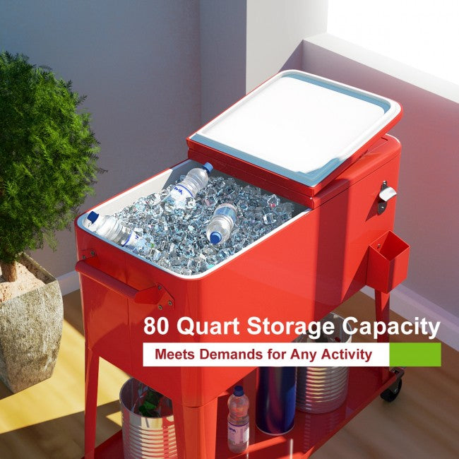 Outdoor 80 Quart Rolling Cooler Cart Patio Beverage Bar Trolley Ice Chest with Bottle Opener for Cookouts Party BBQ