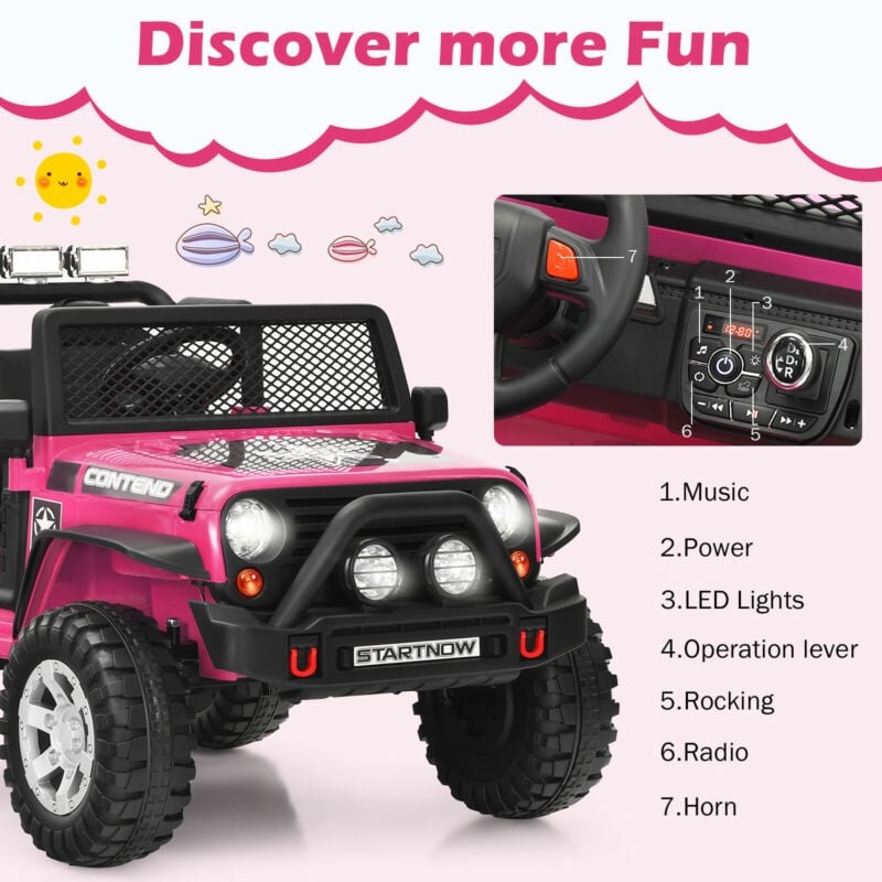 12V 2-Seater Kids Ride On Truck Electric Jeep Car with Remote Control, Spring Suspension, Rocking Function, LED Lights & Bluetooth Music