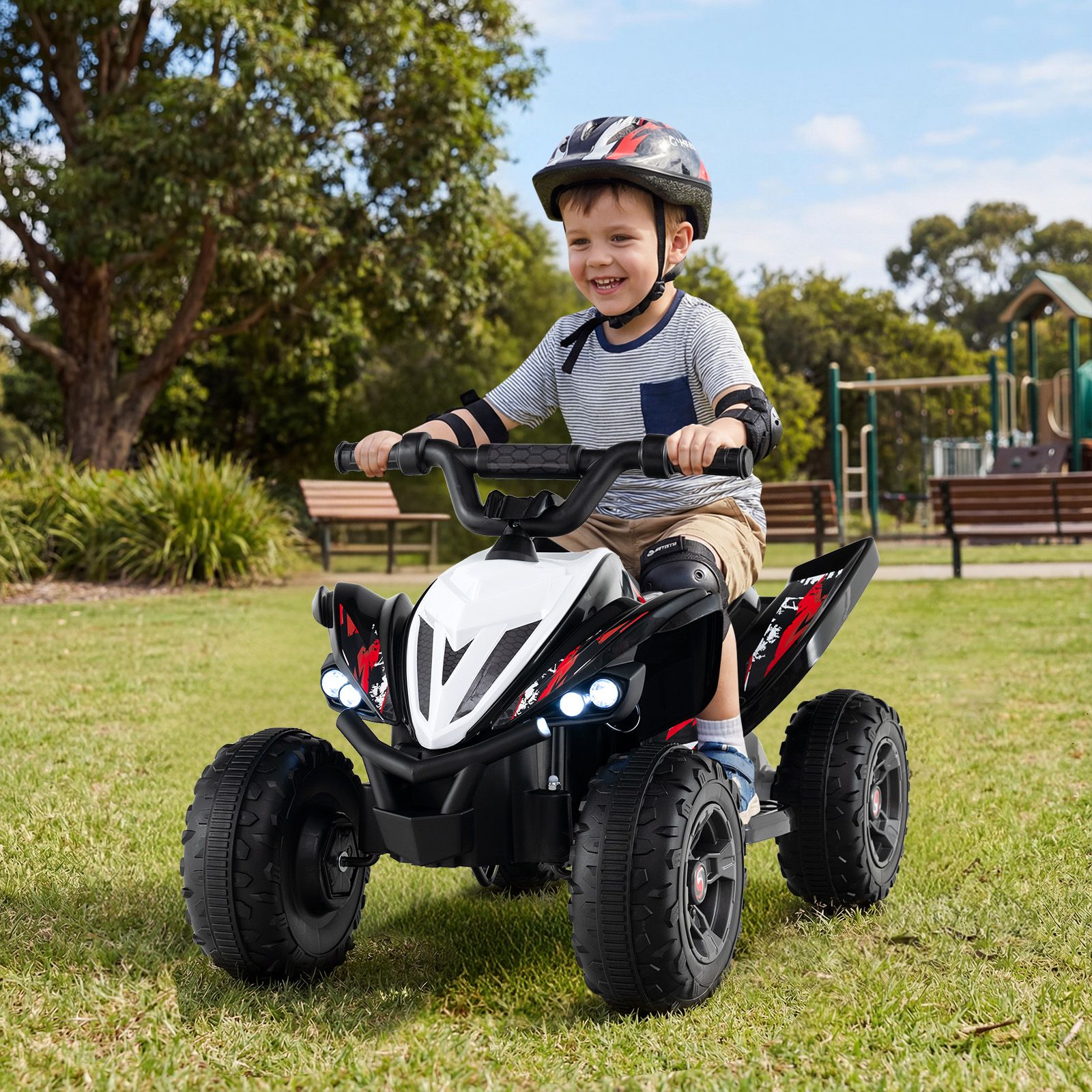 Kids Ride On ATV, 12V 4-Wheeler Quad Electric Vehicle w/ LED Lights, Music, Wireless Connection, Off-Road Tires