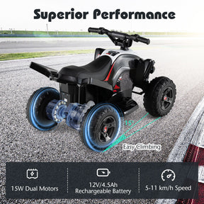 Kids Ride On ATV, 12V 4-Wheeler Quad Electric Vehicle w/ LED Lights, Music, Wireless Connection, Off-Road Tires