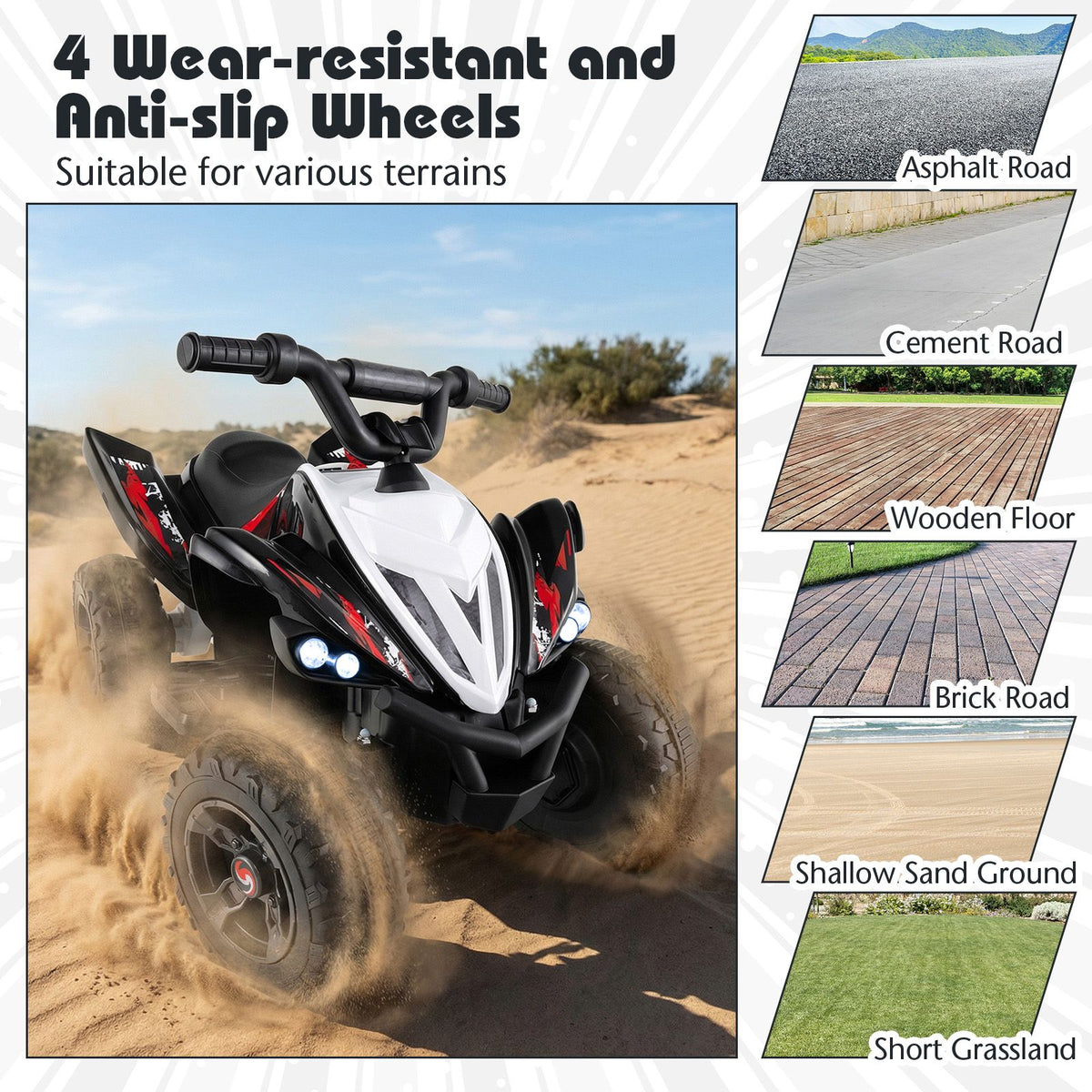Kids Ride On ATV, 12V 4-Wheeler Quad Electric Vehicle w/ LED Lights, Music, Wireless Connection, Off-Road Tires