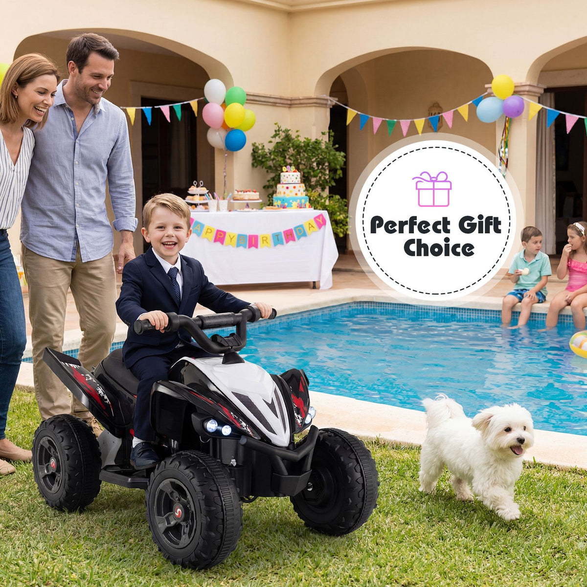 Kids Ride On ATV, 12V 4-Wheeler Quad Electric Vehicle w/ LED Lights, Music, Wireless Connection, Off-Road Tires