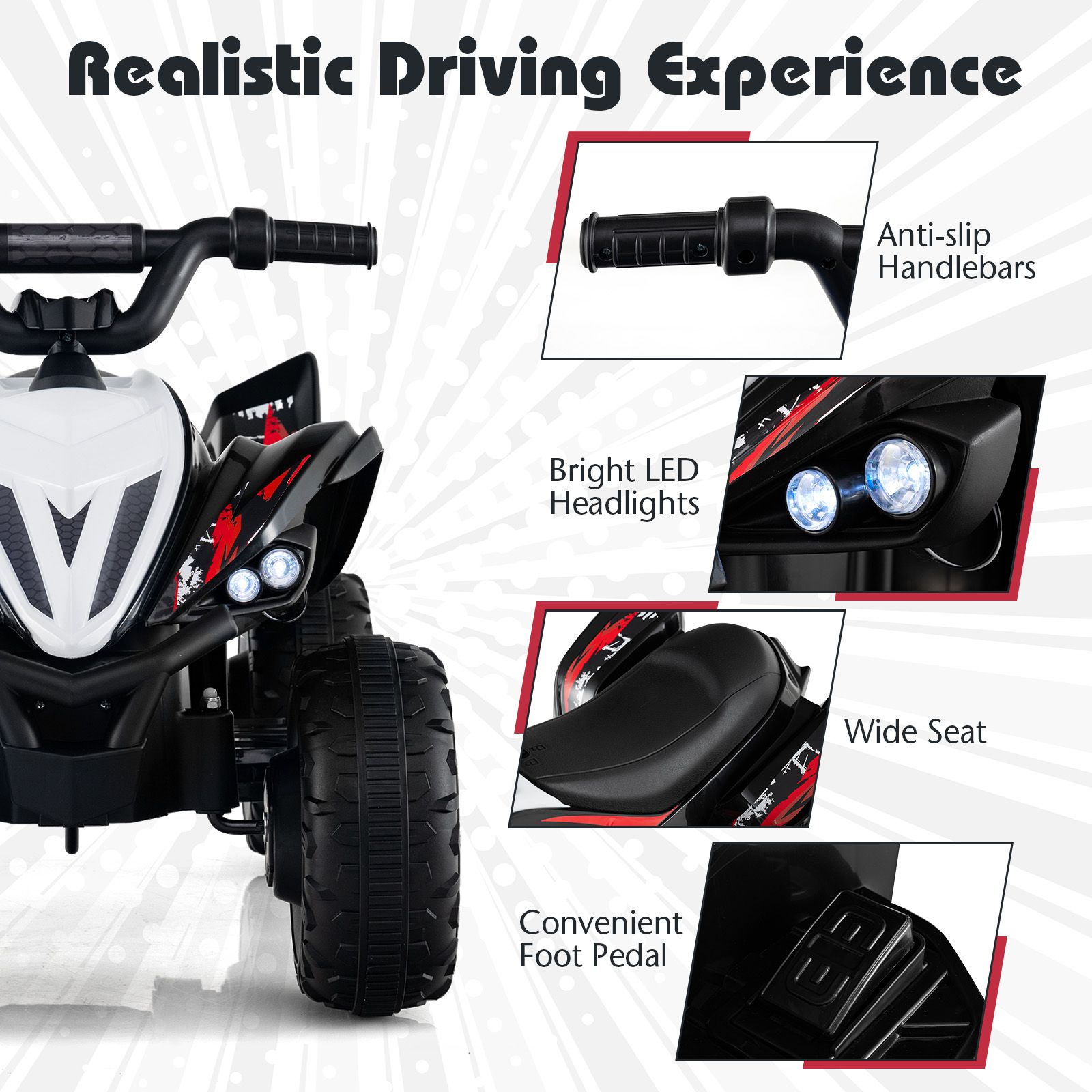 Kids Ride On ATV, 12V 4-Wheeler Quad Electric Vehicle w/ LED Lights, Music, Wireless Connection, Off-Road Tires
