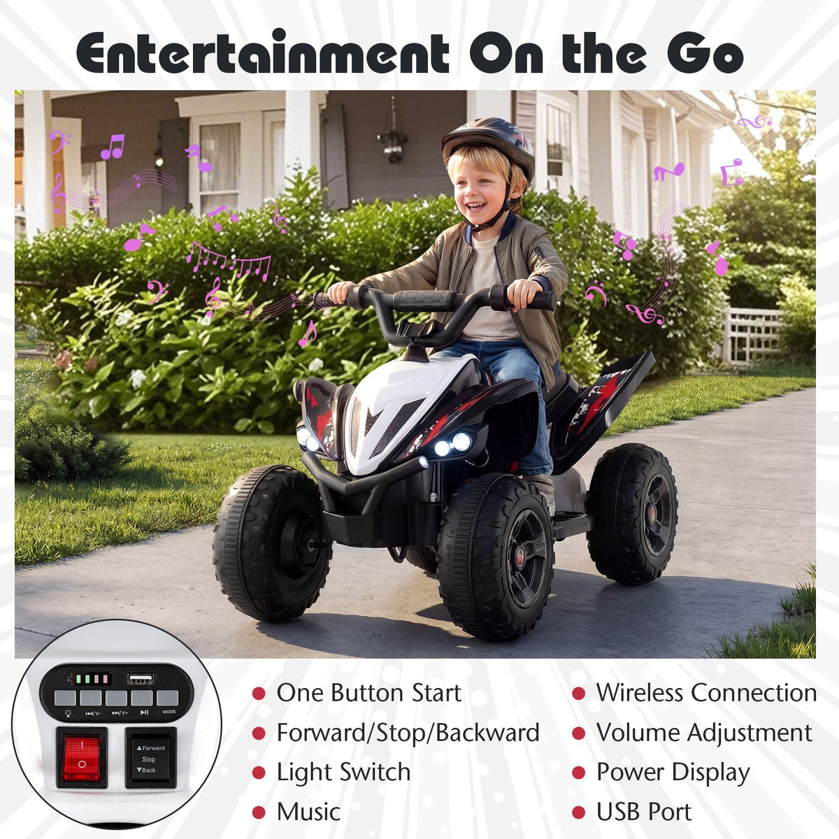 Kids Ride On ATV, 12V 4-Wheeler Quad Electric Vehicle w/ LED Lights, Music, Wireless Connection, Off-Road Tires