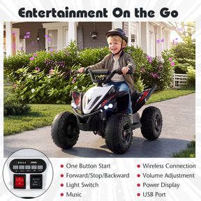Kids Ride On ATV, 12V 4-Wheeler Quad Electric Vehicle w/ LED Lights, Music, Wireless Connection, Off-Road Tires