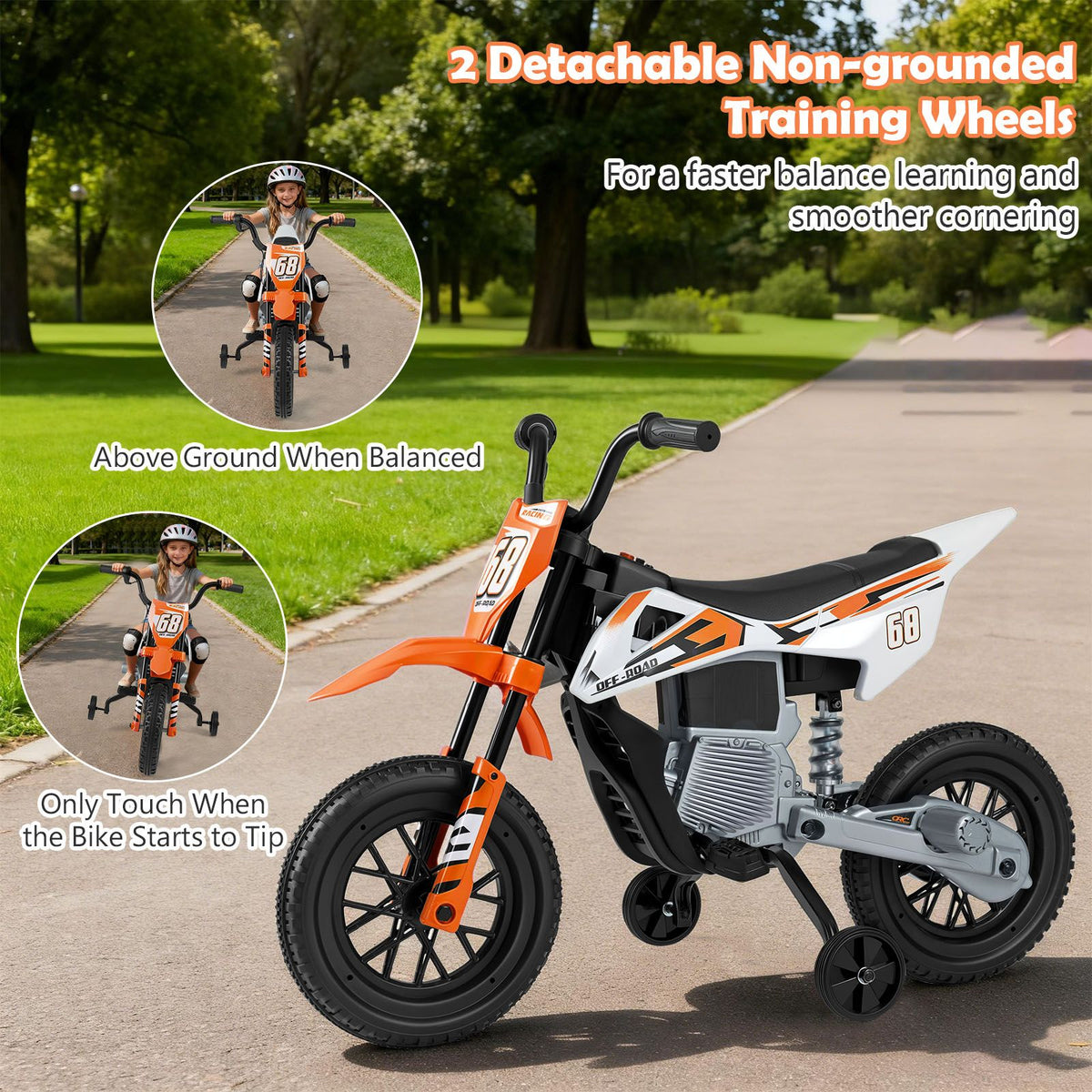 12V Kids Motorcycle with Training Wheels and Spring Suspension