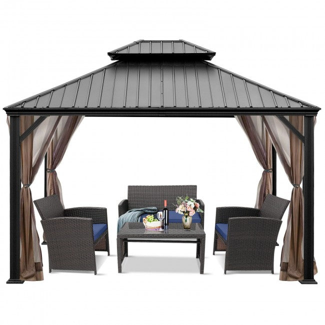 12' x 10' Outdoor Hardtop Gazebo Patio Galvanized Steel Pergolas Canopy Pavilion with Double Roof and Netting