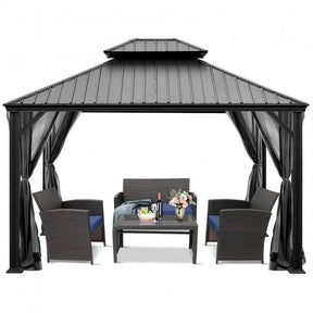12' x 10' Outdoor Hardtop Gazebo Patio Galvanized Steel Pergolas Canopy Pavilion with Double Roof and Netting