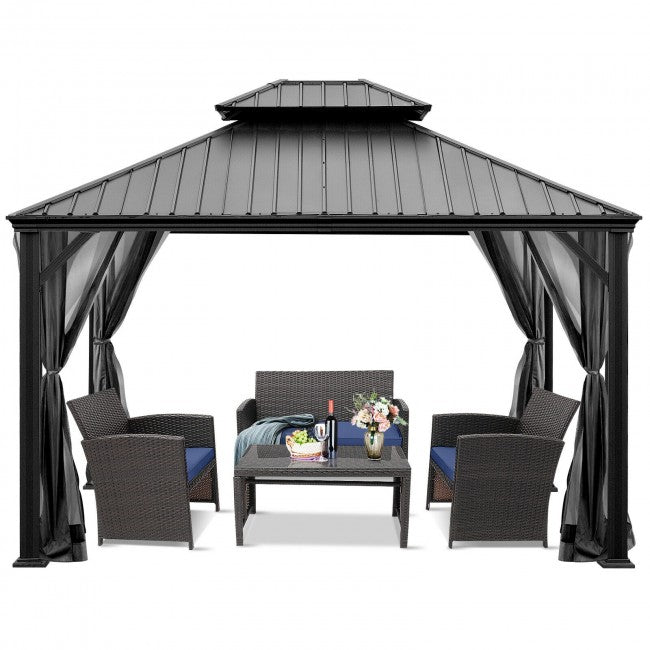 12' x 10' Outdoor Hardtop Gazebo Patio Galvanized Steel Pergolas Canopy Pavilion with Double Roof and Netting