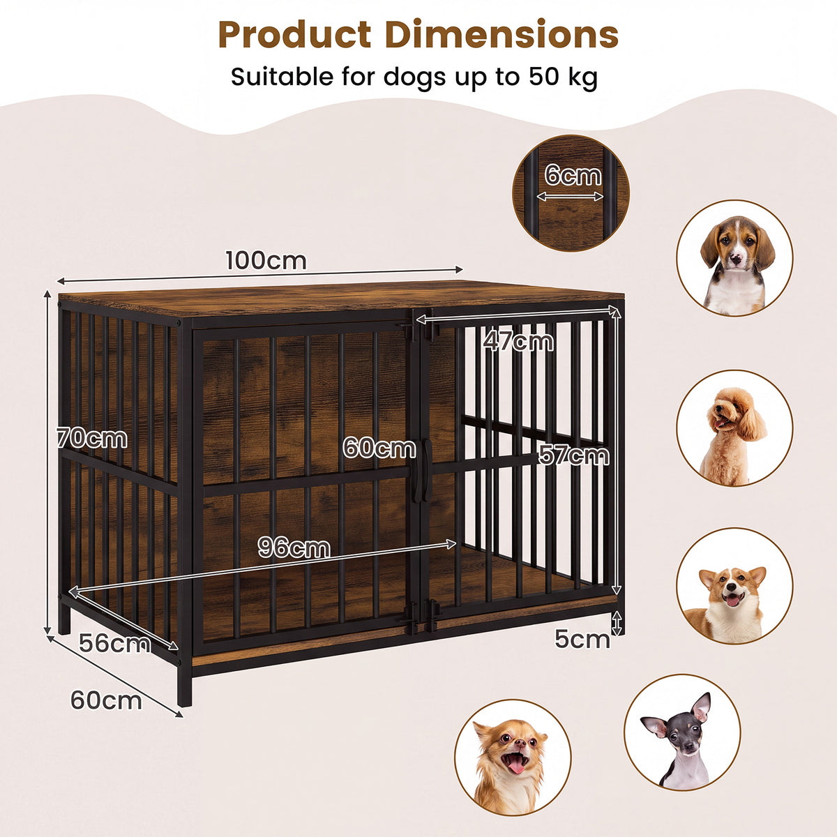 Heavy-Duty Dog Crate Furniture, 100 cm Dog Kennel with Dual Lockable Double Doors