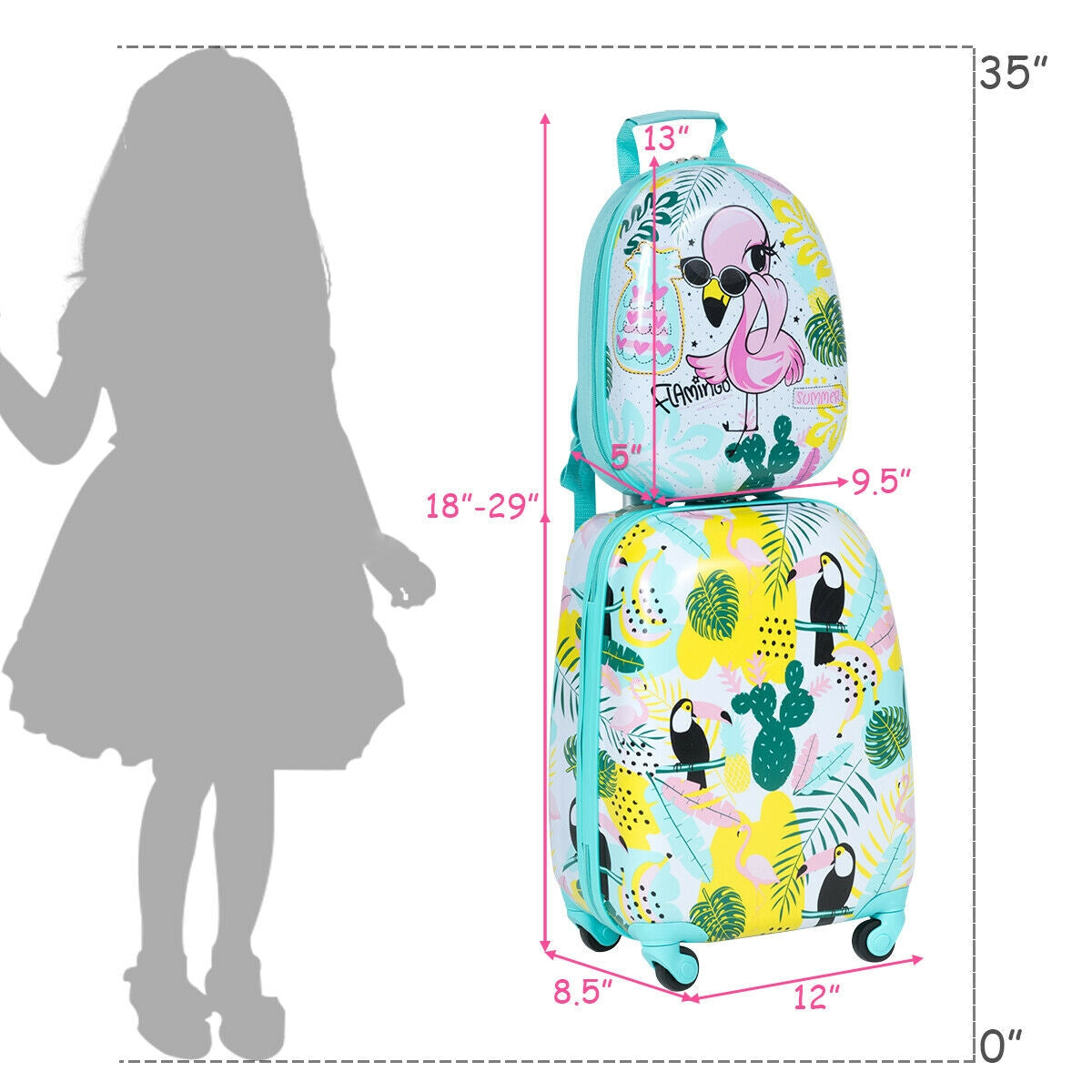 2 Pieces Kids Luggage Set 12-inch Backpack and 16-inch Rolling Suitcase Travel