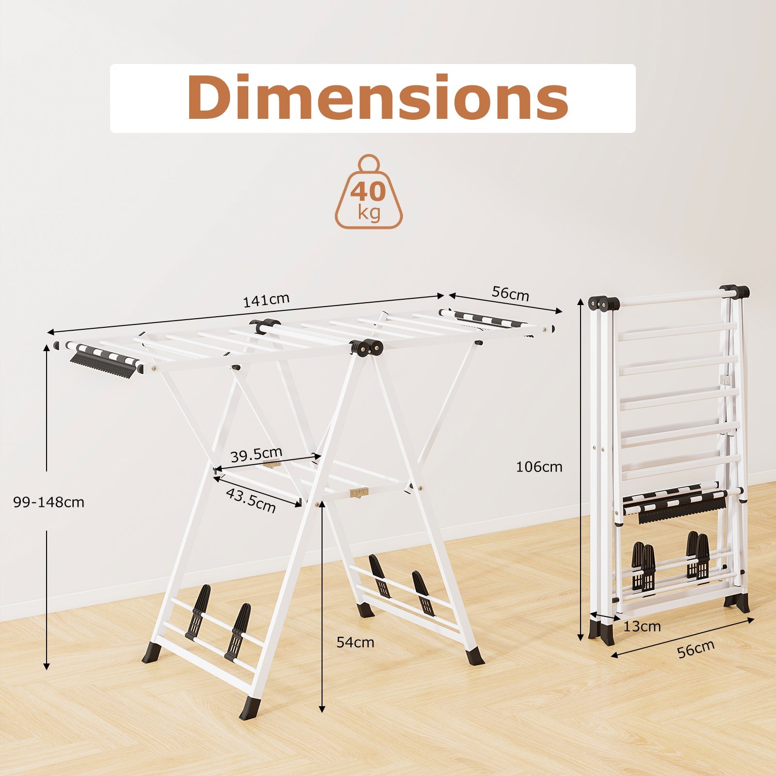 Foldable Metal Laundry Drying Rack with Height Adjustable Wings, 16 Drying Rails