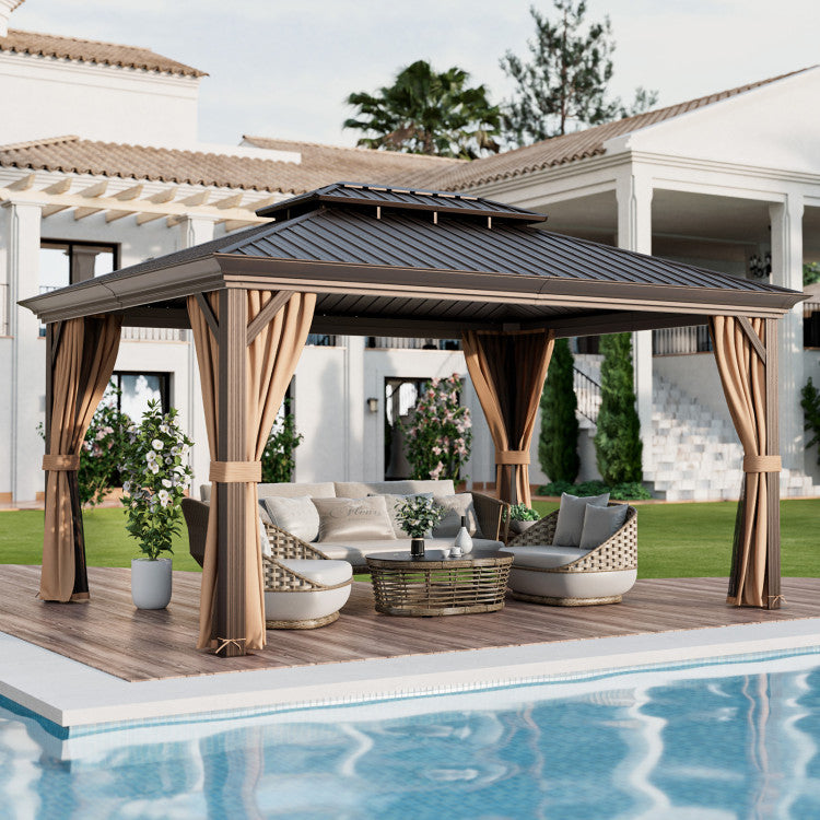 12' x 16' Outdoor Hardtop Gazebo All-Weather Double-Roof Metal Pavilion with Nettings and Sidewalls