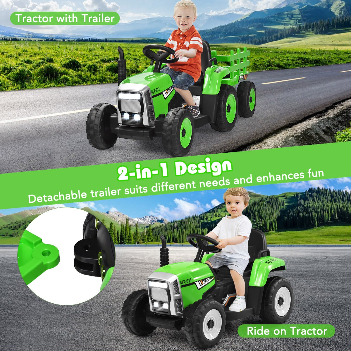 12V Kids Ride On Tractor with Trailer and Remote Control