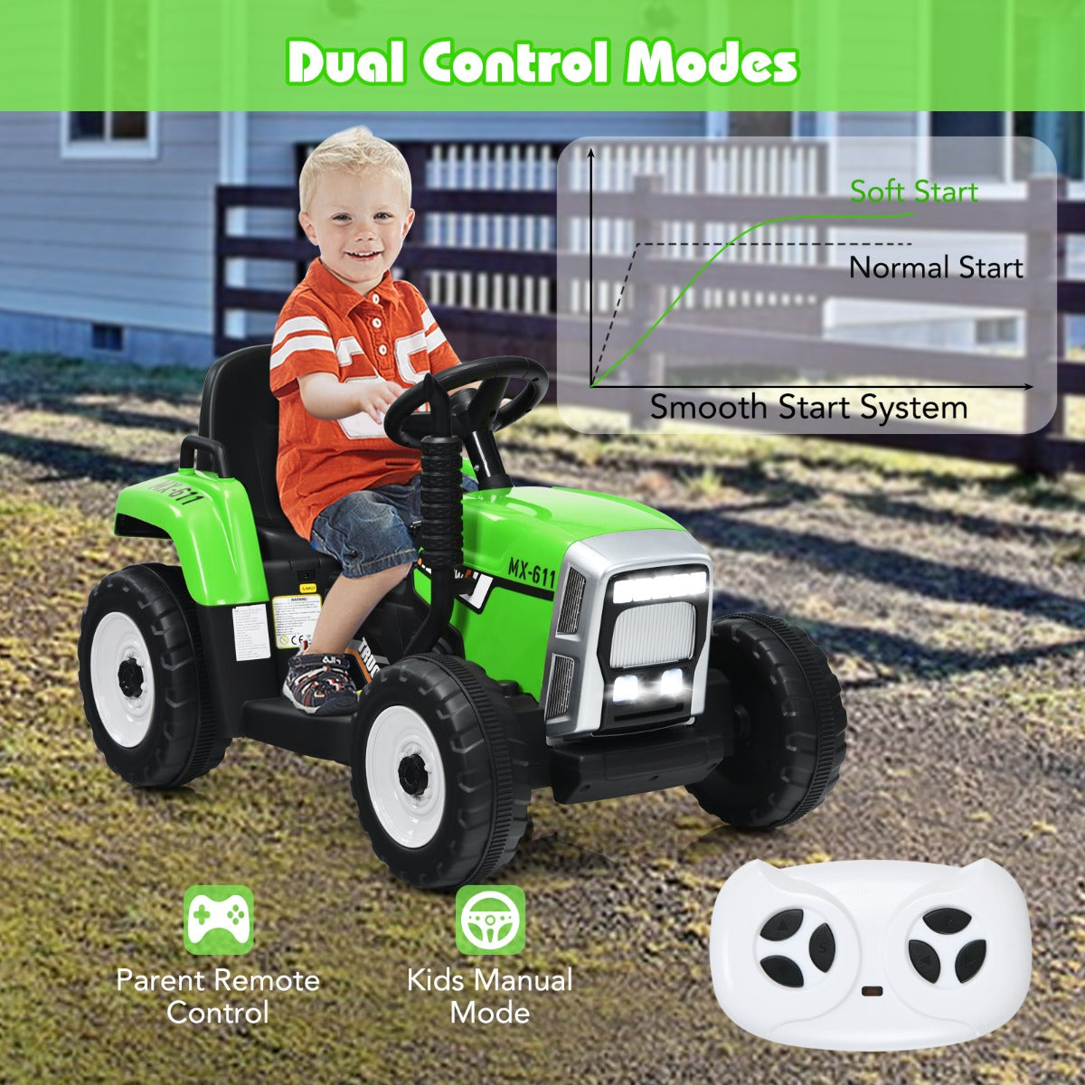 12V Kids Ride On Tractor with Trailer and Remote Control