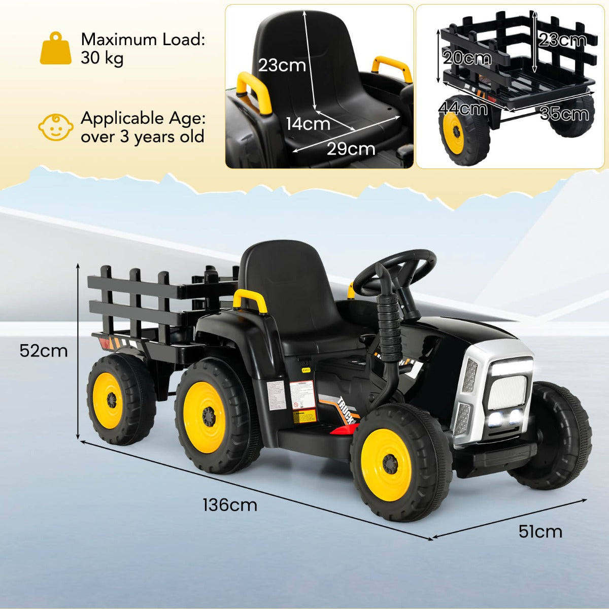 12V Kids Ride On Tractor with Trailer and Remote Control