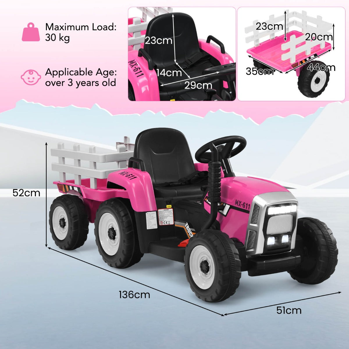 12V Kids Ride On Tractor with Trailer and Remote Control