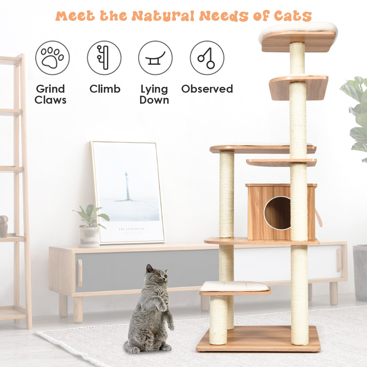 Modern Cat Climbing Tree with Scratch Resistant Sisal Rope Column