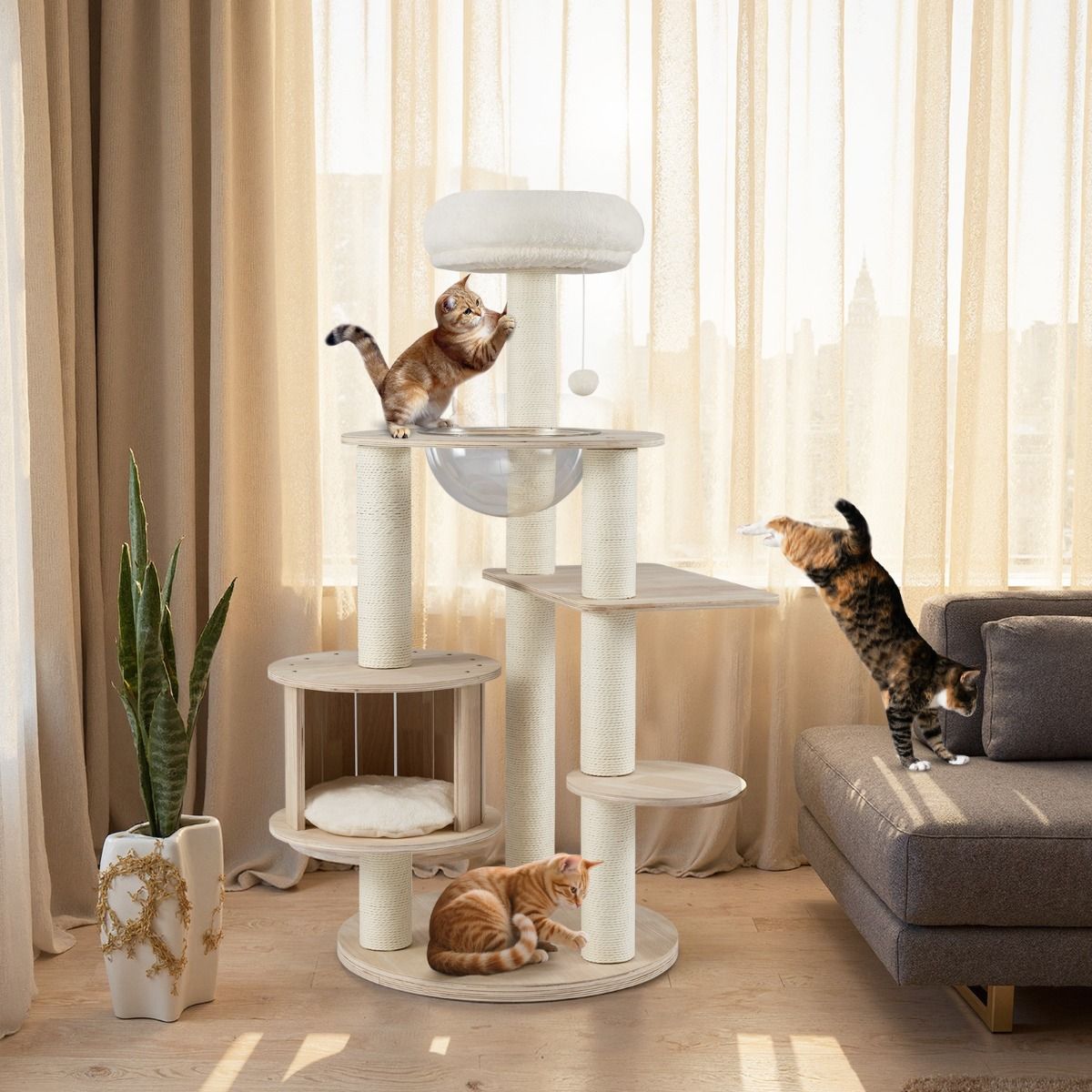 132cm Tall Wooden Cat Tree with Condo and Multi-Level Climbing Stand
