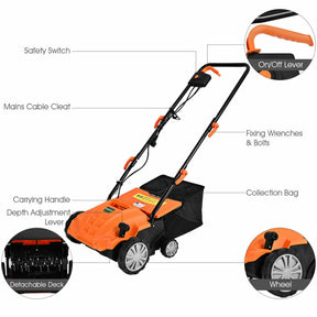 13 Inch 12 Amp 3-Position Depth Electric Scarifier with Safety Lock and Removable Blades