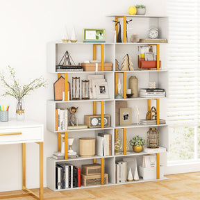 5/6-Tier Geometric Bookcase Decorative S-Shaped Storage Bookshelf w/ Metal Frame