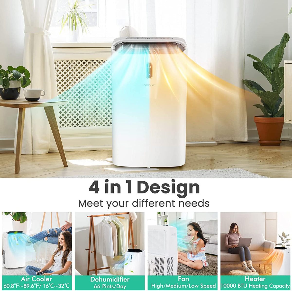 14000 BTU Portable Air Conditioner 4-in-1 AC Unit with Detachable Air Filter and 24H Smart Timer