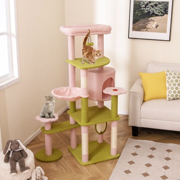 Multi-Level Aesthetic Floral Kitten Tower with Plush Padded Top Perch and Sisal Scratching Posts