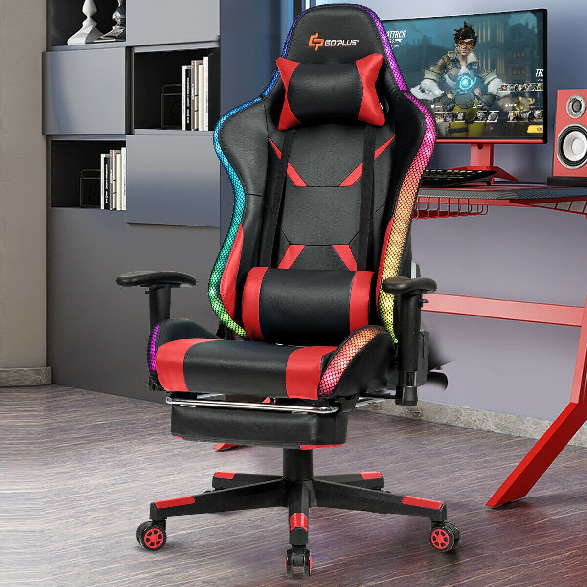 Ergonomic High Back Massage Gaming Chair with Light and Handrails