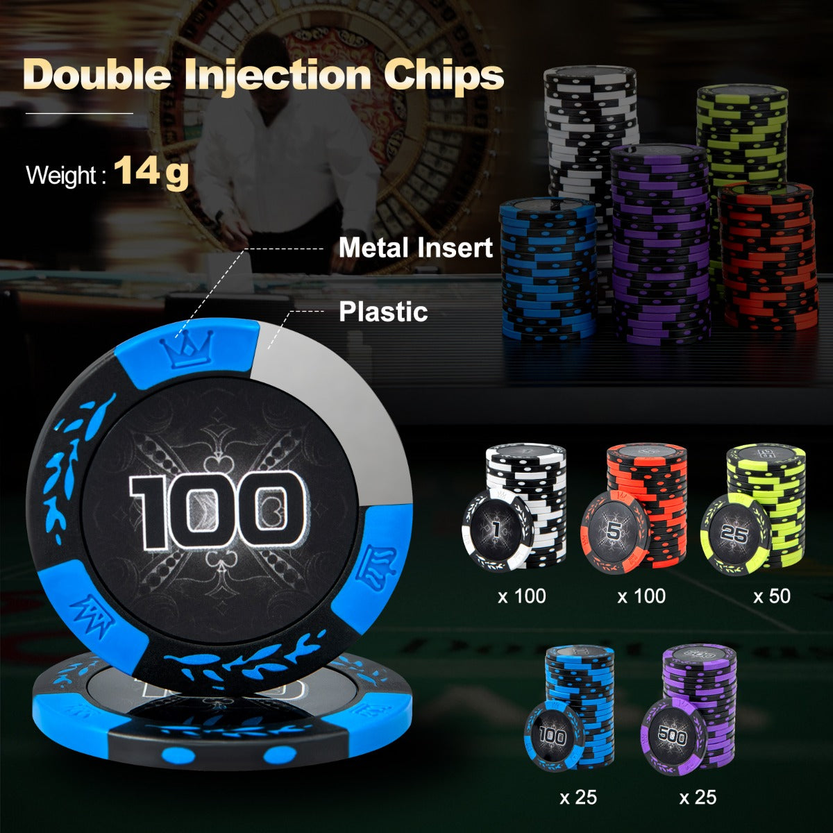 14 Gram Texas Holdem Poker 500/300 Pieces Chip Set with Aluminum Case