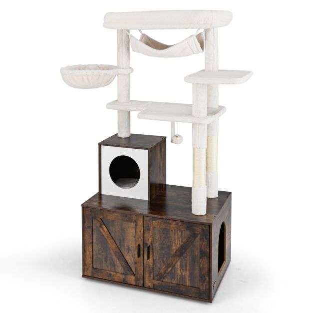 1.5 m Cat Tree with Litter Box Enclosure Hidden Washroom