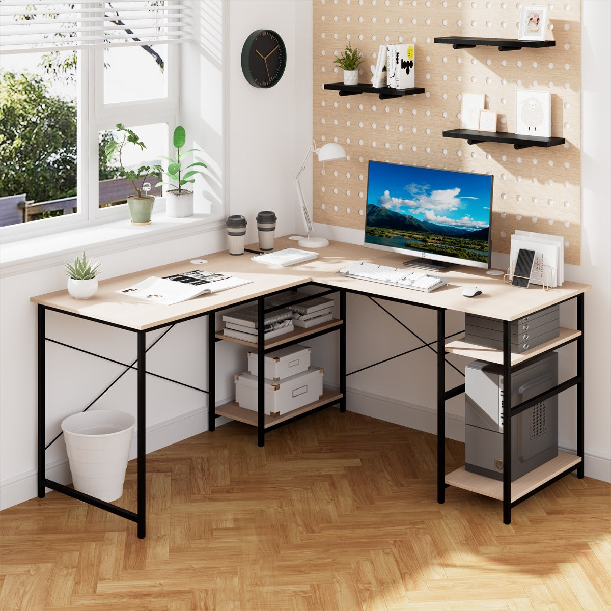 151CM Convertible L-shaped Computer Desk with 4 Storage Shelves for Home Office