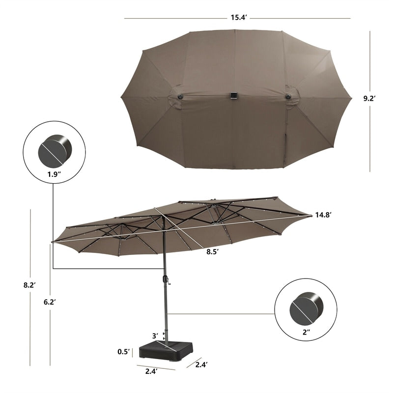 15 FT Outdoor Double-Sided Patio Umbrella with 48 Solar LED Lights and Umbrella Base