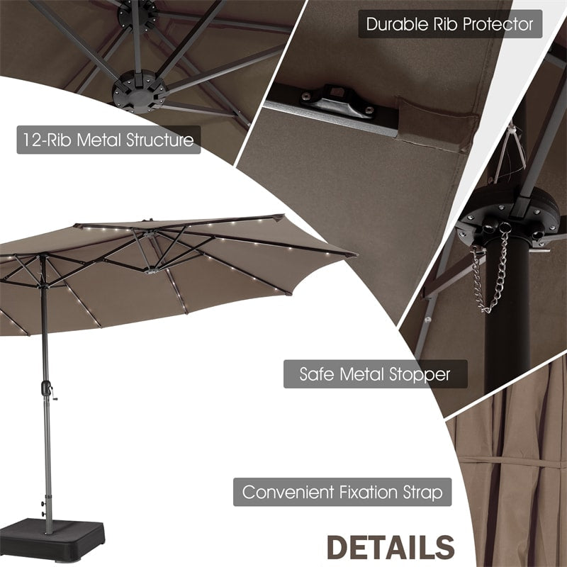 15 FT Outdoor Double-Sided Patio Umbrella with 48 Solar LED Lights and Umbrella Base