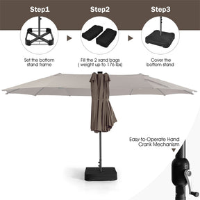 15 FT Outdoor Double-Sided Patio Umbrella with 48 Solar LED Lights and Umbrella Base