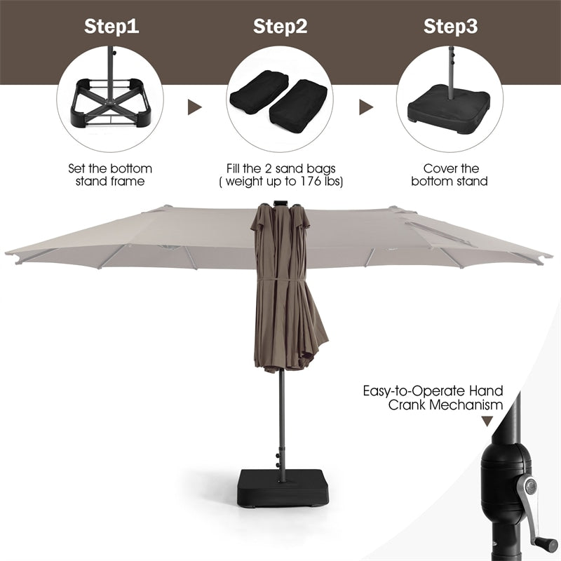 15 FT Outdoor Double-Sided Patio Umbrella with 48 Solar LED Lights and Umbrella Base