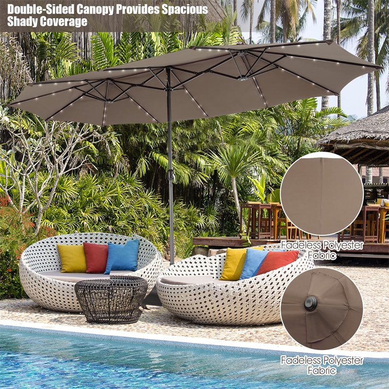 15 FT Outdoor Double-Sided Patio Umbrella with 48 Solar LED Lights and Umbrella Base