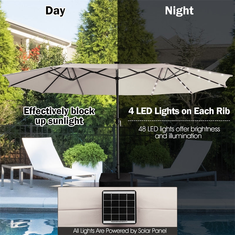 15 FT Outdoor Double-Sided Patio Umbrella with 48 Solar LED Lights and Umbrella Base