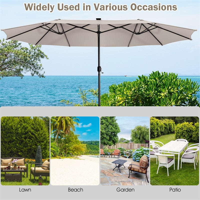 15 FT Outdoor Double-Sided Patio Umbrella with 48 Solar LED Lights and Umbrella Base