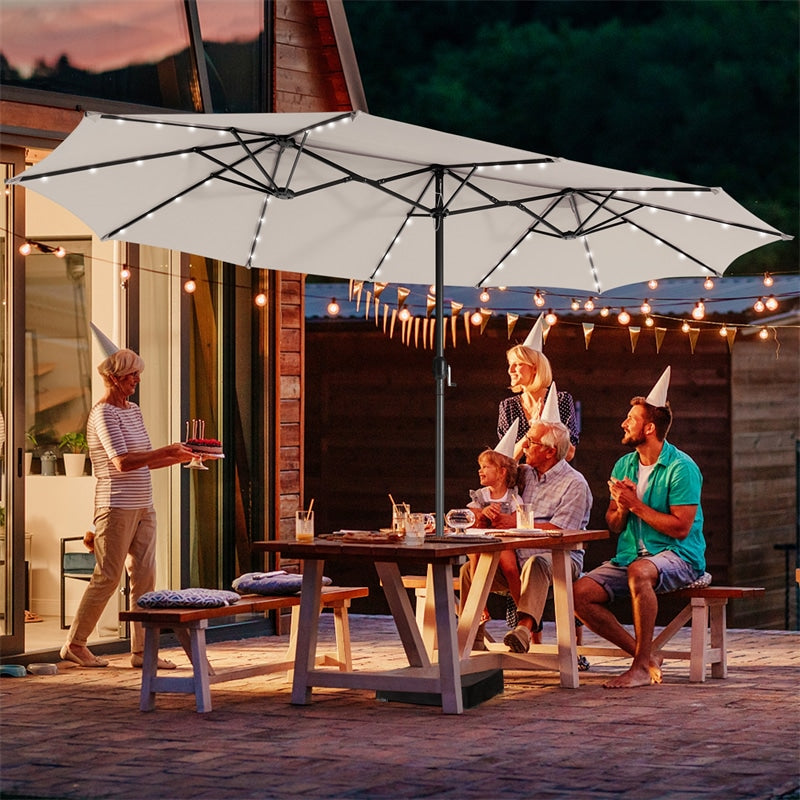 15 FT Outdoor Double-Sided Patio Umbrella with 48 Solar LED Lights and Umbrella Base