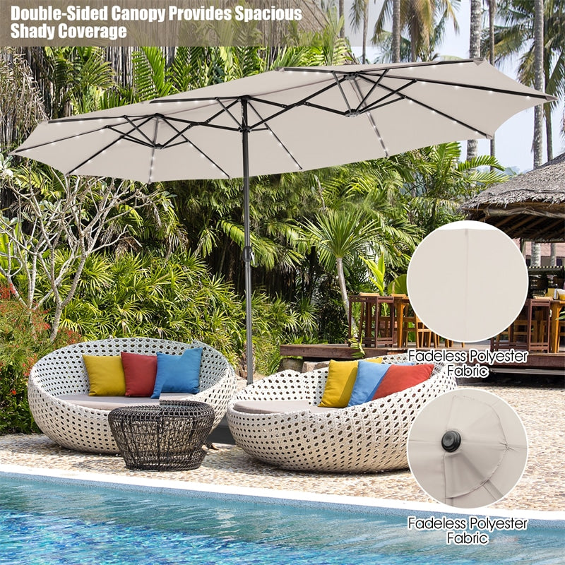 15 FT Outdoor Double-Sided Patio Umbrella with 48 Solar LED Lights and Umbrella Base