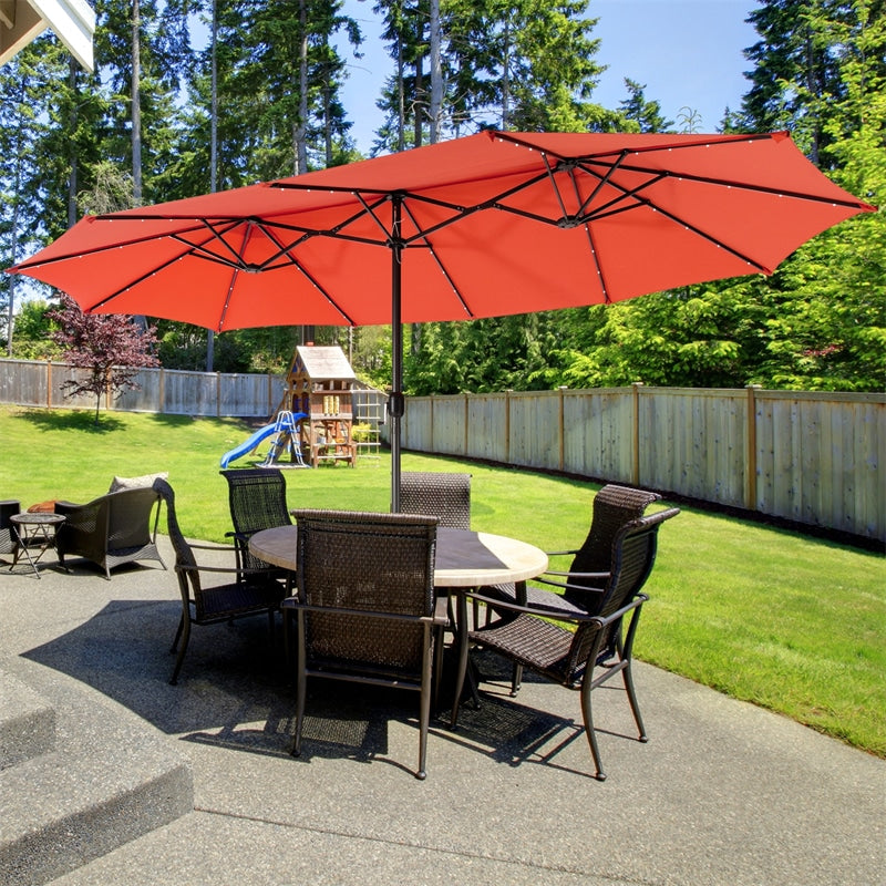 15 FT Outdoor Double-Sided Patio Umbrella with 48 Solar LED Lights and Umbrella Base