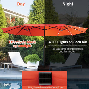 15 FT Outdoor Double-Sided Patio Umbrella with 48 Solar LED Lights and Umbrella Base