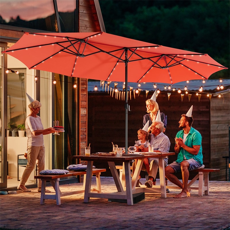 15 FT Outdoor Double-Sided Patio Umbrella with 48 Solar LED Lights and Umbrella Base
